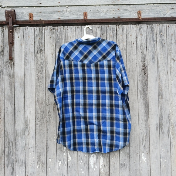 Vtg Ely Cattleman Pearl Snap 3XL Big Man Blue Black Check Short Sleeve Plaid - Picture 4 of 6